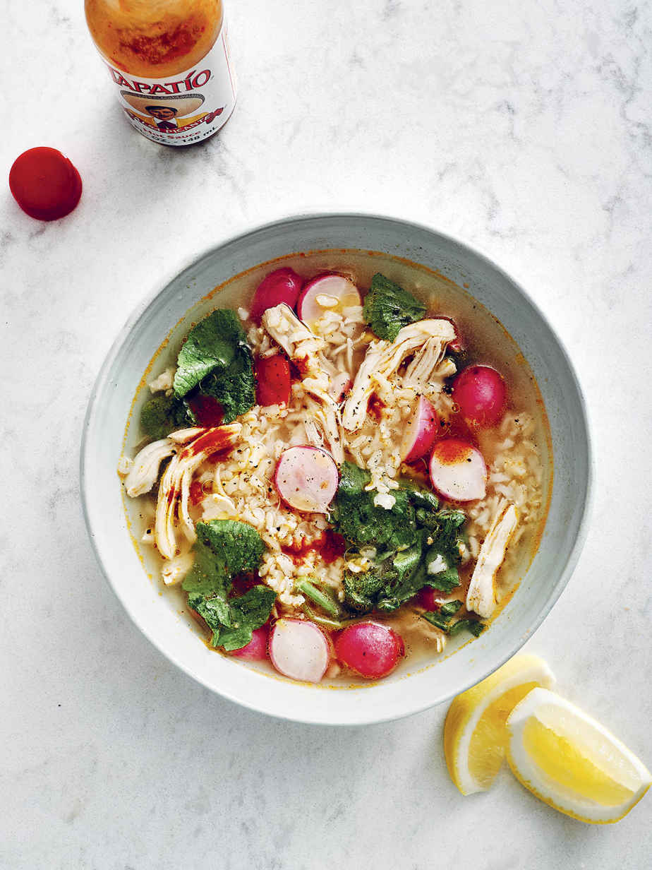 Chicken Soup with Brown Rice, Radishes, and Lots of Lemon
