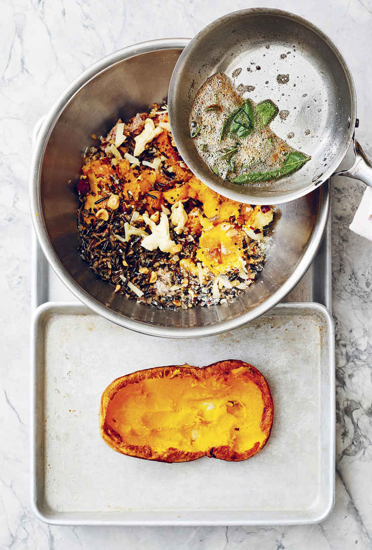 Butternut Squash Stuffed with Hazelnuts, Fontina, and Italian Sausage