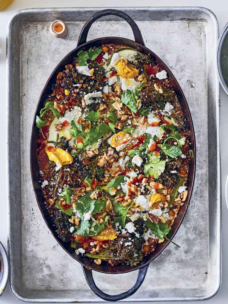 Baked Eggs with Broccoli Rabe, Spiced Tomato, and Buckwheat