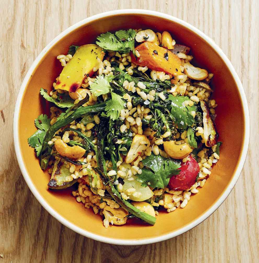 Crispy Brown Rice with Deeply Roasted Broccoli, Carrots, and Turnips