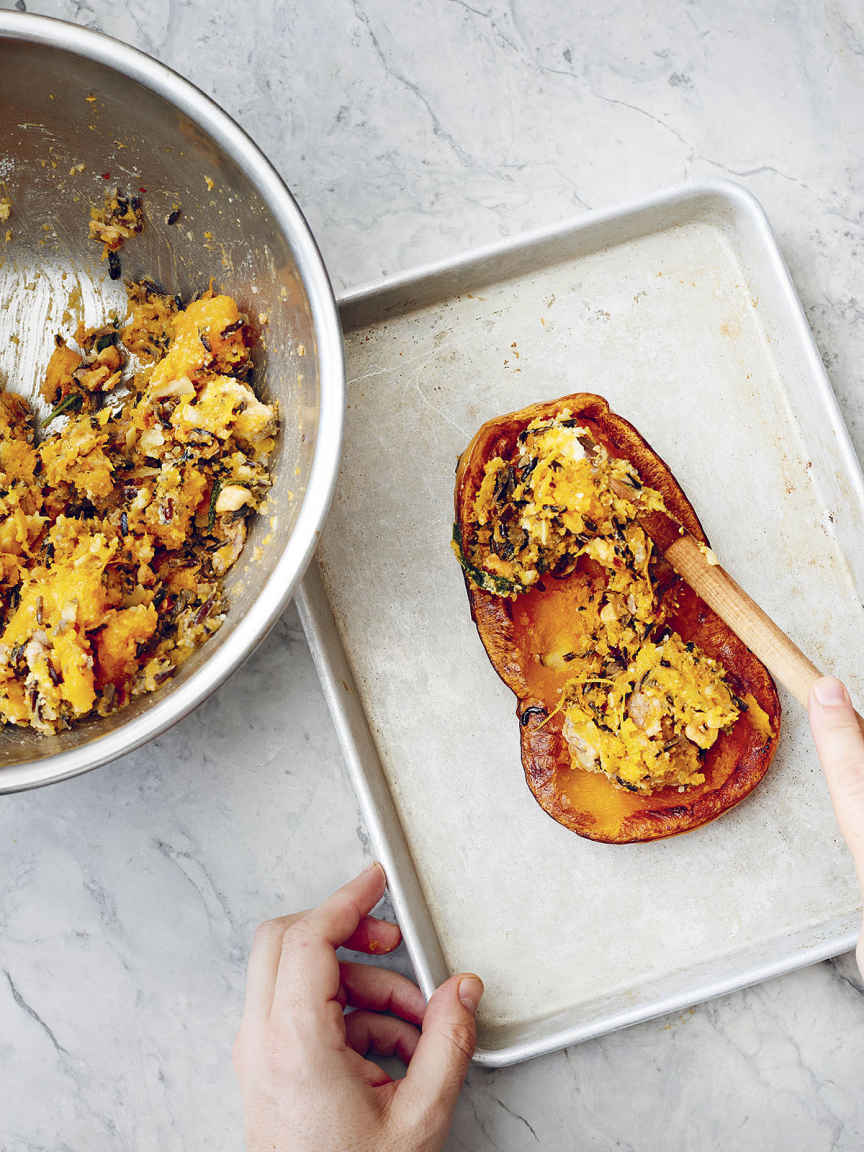 Butternut Squash Stuffed with Hazelnuts, Fontina, and Italian Sausage
