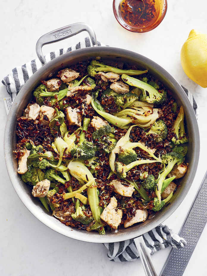 Wild Rice with Chicken, Broccoli, Bok Choy, and Garlic-Chile Crunch