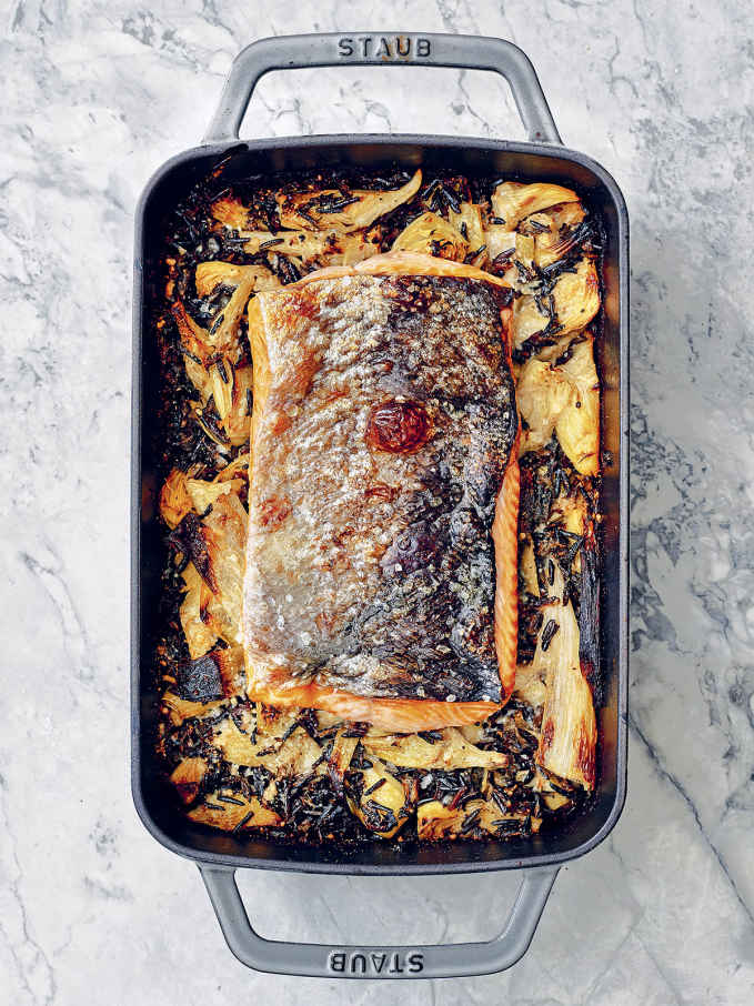 Baked Wild Rice with Salmon, Artichokes, and Leeks