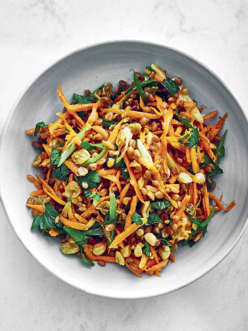 Grated Carrot Salad with Peanuts, Raisins, and Wheat Berries