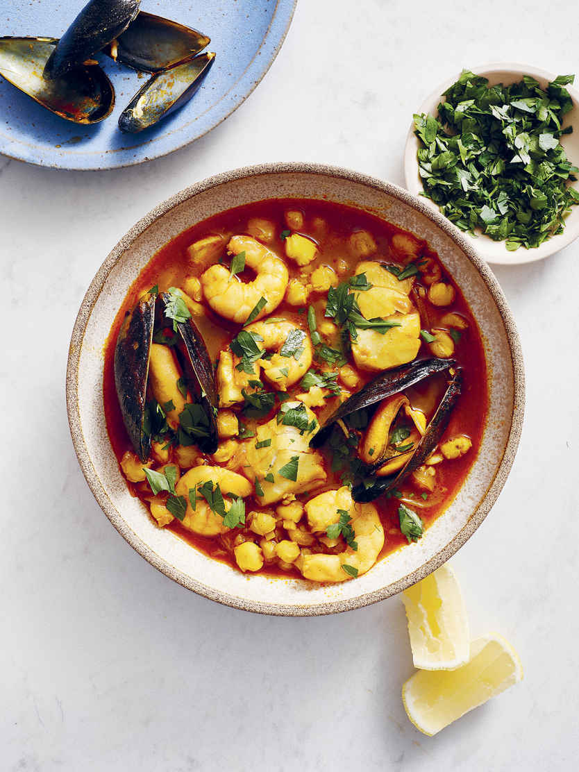 Seafood Stew with Hominy and Warm Spices