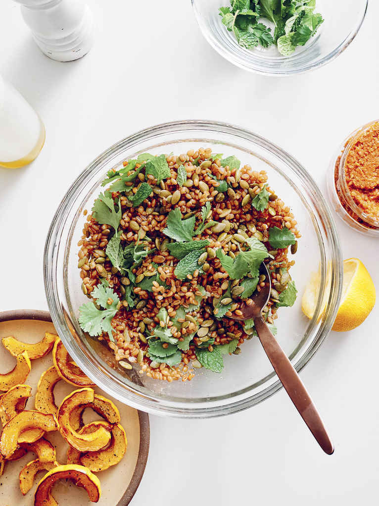 Roasted Delicata Squash with Wheat Berries and Romesco Sauce