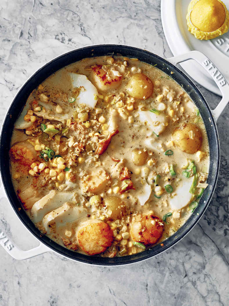 Seafood Chowder with Freekeh, Potatoes, and Corn