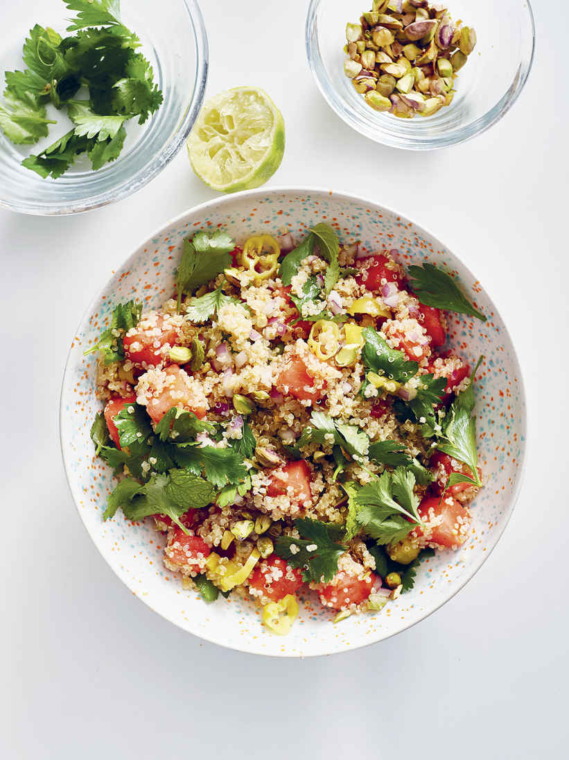 Quinoa and Watermelon Salad with Pistachios and Spicy Pickled Peppers