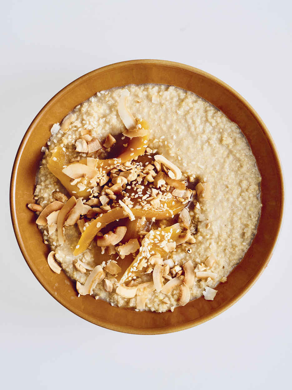 Millet Morning Porridge with Coconut Milk and Quick Mango Jam