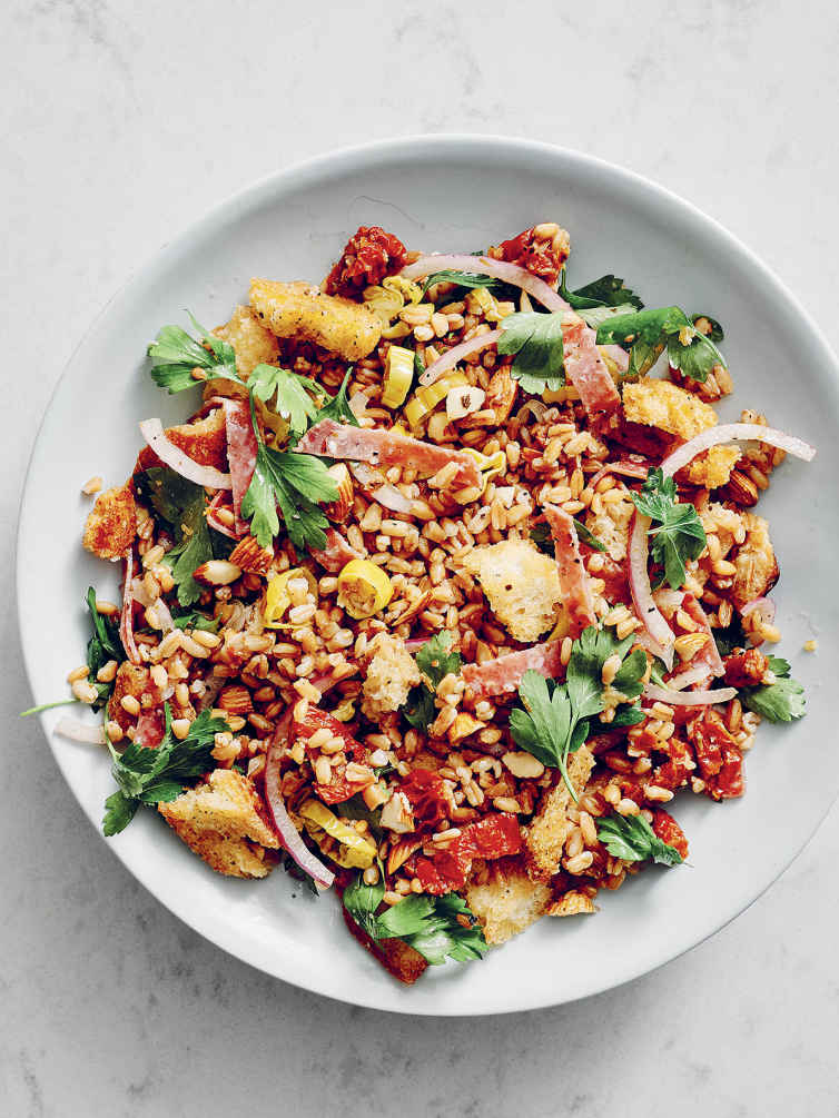 Farro Salad with Pepperoncini, Sun-Dried Tomatoes, Salami, and Almonds