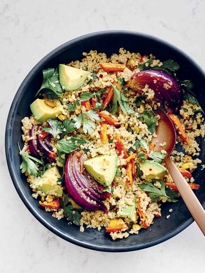 Roasted Carrot, Avocado, Pistachio, and Quinoa Salad