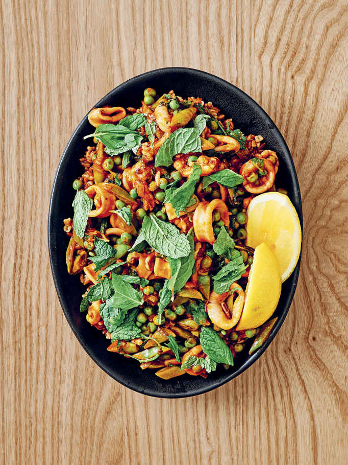 Spring Peas and Calamari Stew with Toasted Farro