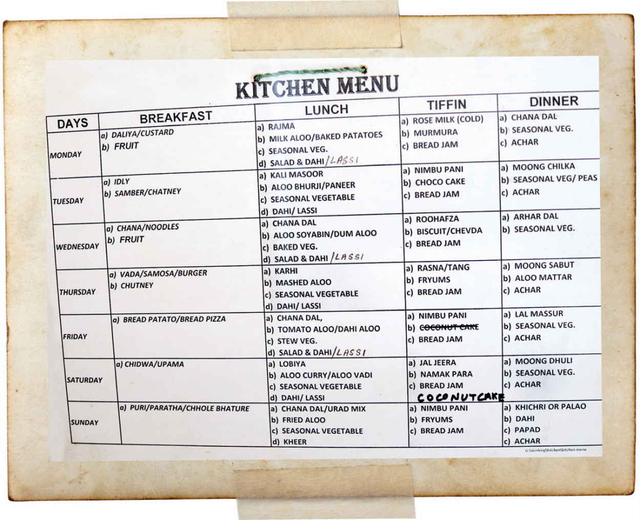 That day’s menu, Aurobindo Ashram, Delhi